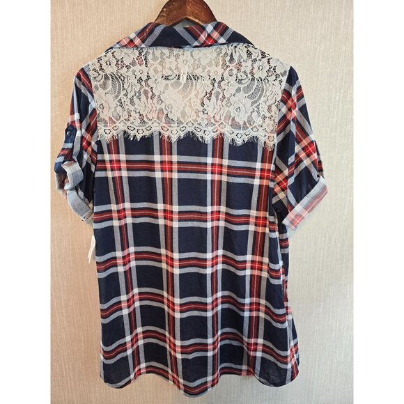 Womens RNB Plaid Button-Up Lace Accented Shirt Navy/Red Size‎ 2X - Picture 3 of 14